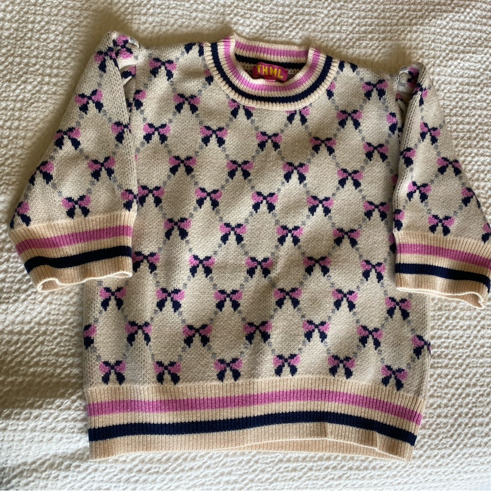 THML Cream Knit Crewneck Sweater with Pink & Navy Bow Pattern